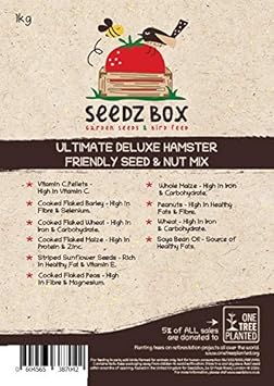 Hamster Food Seed Nut Feed Mix 1kg - SeedzBox Deluxe Hamster Forage Food - Natural Healthy Food For Pet Hamsters Gerbils and Mice - Sunflower Seeds Peanuts Maize Barley and Vitamin C