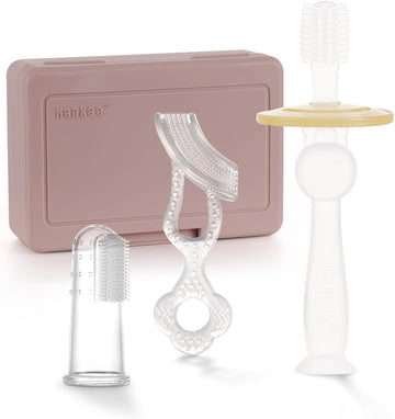 haakaa Training Toothbrush Set Oral Care Kit, Soft Silicone Toothbrush for Baby, Infants, Toddlers & Kids, Blush