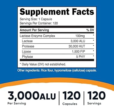 Nutricost Lactase Enzyme Complex 3,000 FCC ALU, 120 Vegetarian Capsules - Non-GMO, Gluten Free, 120 Servings