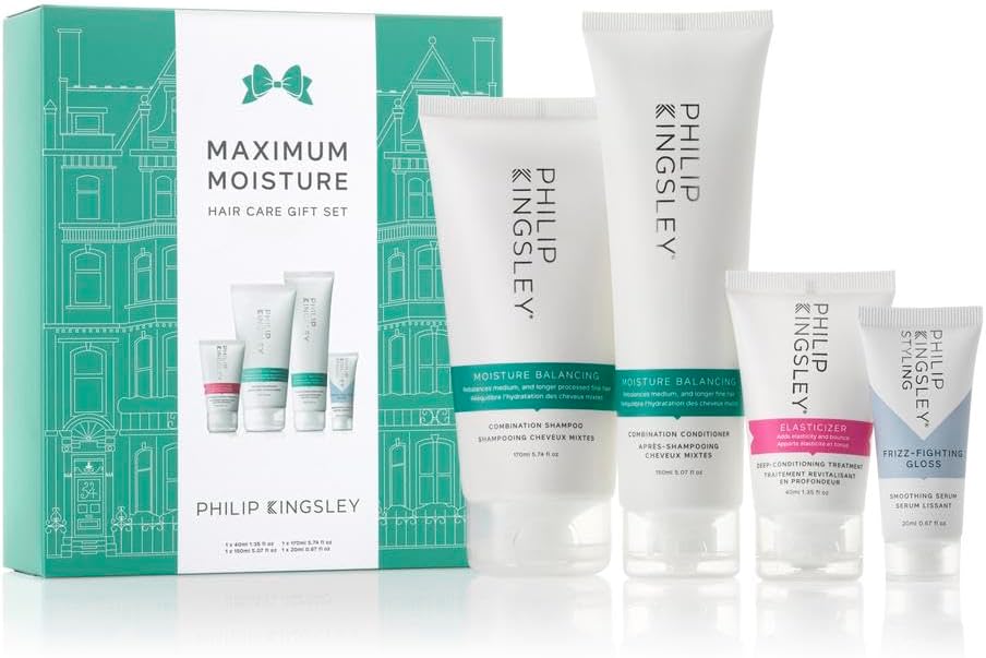 Philip Kingsley | Maximum Moisture Hair Care Gift Set | Elasticizer Treatment, Moisture Balancing Combination Shampoo And Conditioner, Finishing Touch Frizz Fighting Gloss | Set Of 4