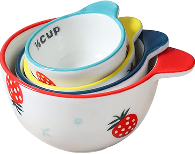 WAYUTO Ceramic Strawberry Measuring Cups with Handle Set of 4 Creative Baking Measuring Cups for Dry Wet Ingredients Cooking Baking Bowls Dishwasher Safe 1 CUP 1/2 CUP 1/3 CUP 1/4 CUP Unique Gift