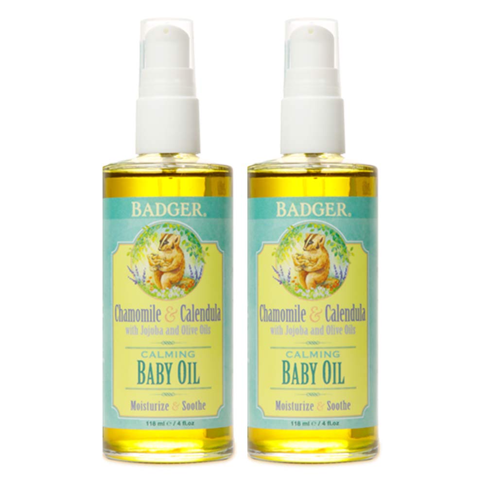 Badger - Baby Oil, Chamomile & Calendula, Organic Baby Oil, Softens & Moisturizes Baby's Skin, Baby Oil for Dry Skin, Baby Oil for Newborns, Soothing Baby Oil, 4 oz (2 Pack)