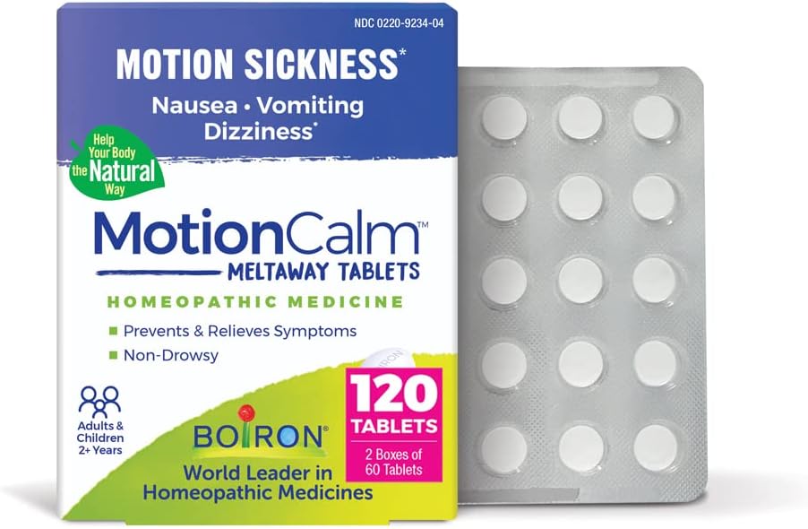 Boiron Motioncalm Relief For Nausea, Vomiting, Or Dizziness From Motion Sickness, Carsickness, Seasickness, Amusement Rides, And Video Games Or Vr - Non-Drowsy - 120 Count (2 Pack Of 60)