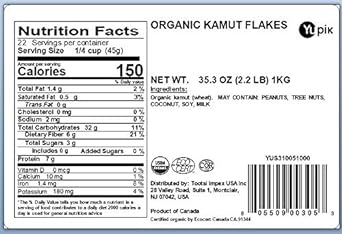 Yupik Organic Kamut, Flakes, 2.2 lb, Non-GMO, Vegan, Gluten-Free, Pack of 1