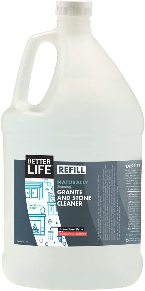 BETTER LIFE Granite Cleaner and Polish - Stone Countertop Cleaner for Marble, Quartz, Slate, Concrete Surfaces or Floors - Streak-Free Granite Stain Remover - 1 Gal Refill, Pomegranate & Grapefruit