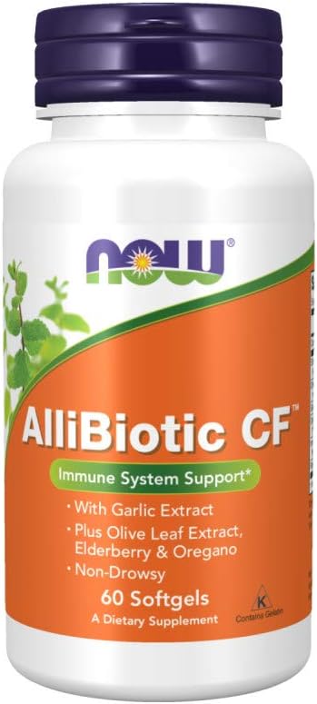 NOW Supplements, AlliBiotic CF?, with Garlic Extract, Olive Leaf Extract, Elderberry & Oregano, Non-Drowsy Formula, 60 Softgels