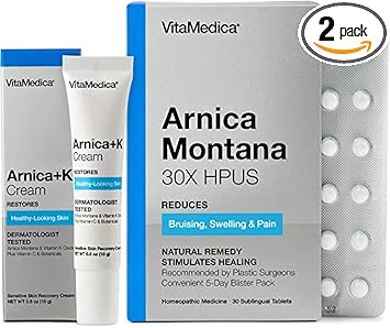 Vitamedica Arnica Filler Kit For Bruising Redness And Swelling | 0.5 Oz Cream Tube | 30Ct Blister Pack Of Tablets | Injectables | Homeopathic Remedy | Plant Based Natural Formula | 2 Piece Bundle