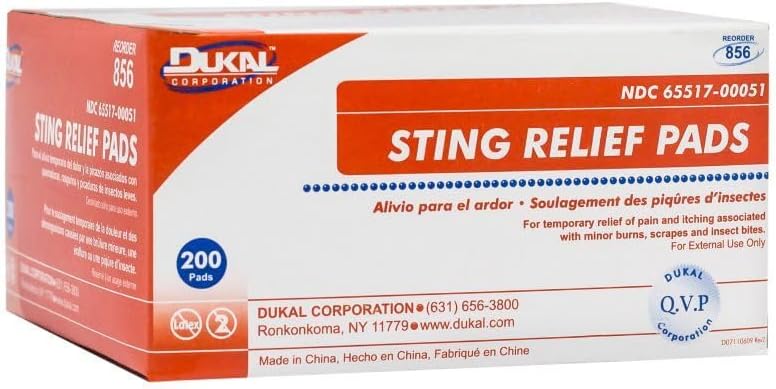 Dukal Sting Relief Pads. Case Of 200 Anesthetic Pads For Burns, Scrapes. 2-Ply Non-Woven Pads In Individual Pouches, Non-Sterile Sting Relief Wipes, 856