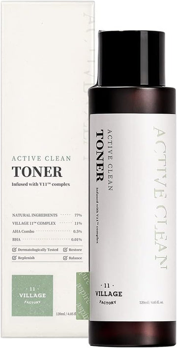 Village 11 Factory Active Clean Toner - Aha, Bha, Acne And Oily Skin, Gentle Ph, Hydrating And Exfoliating (4.06 Fl Oz/120Ml)