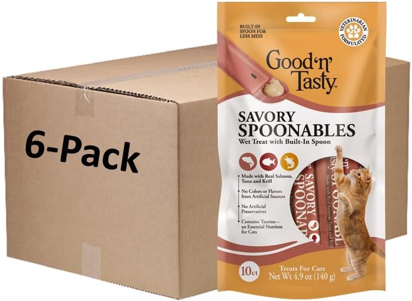 Good 'N' Tasty Savory Spoonables With Real Salmon, Tuna And Krill For Cats, 10 Count, Treat Your Cat To Triple Flavor Squeezable Lickable Wet Treats With Built-In Spoon For Less Mess