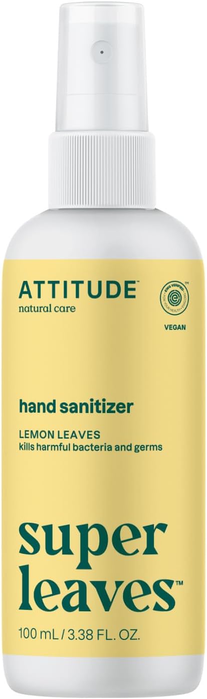 ATTITUDE Hand Sanitizer Spray for Adults and Kids, EWG Verified, Kills Bacteria and Germs, Vegan, Lemon Leaves, 3.38 Fl Oz (Spray Bottle)