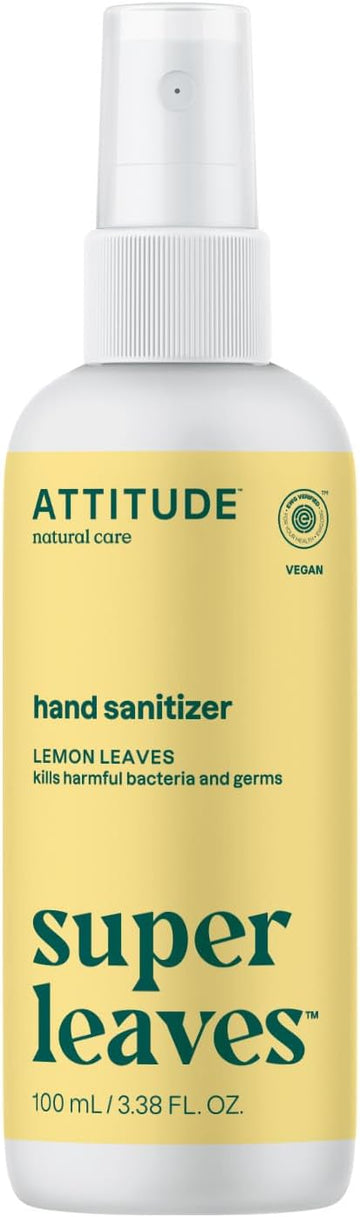 Attitude Hand Sanitizer Spray For Adults And Kids, Ewg Verified, Kills Bacteria And Germs, Vegan, Lemon Leaves, 3.38 Fl Oz (Spray Bottle)