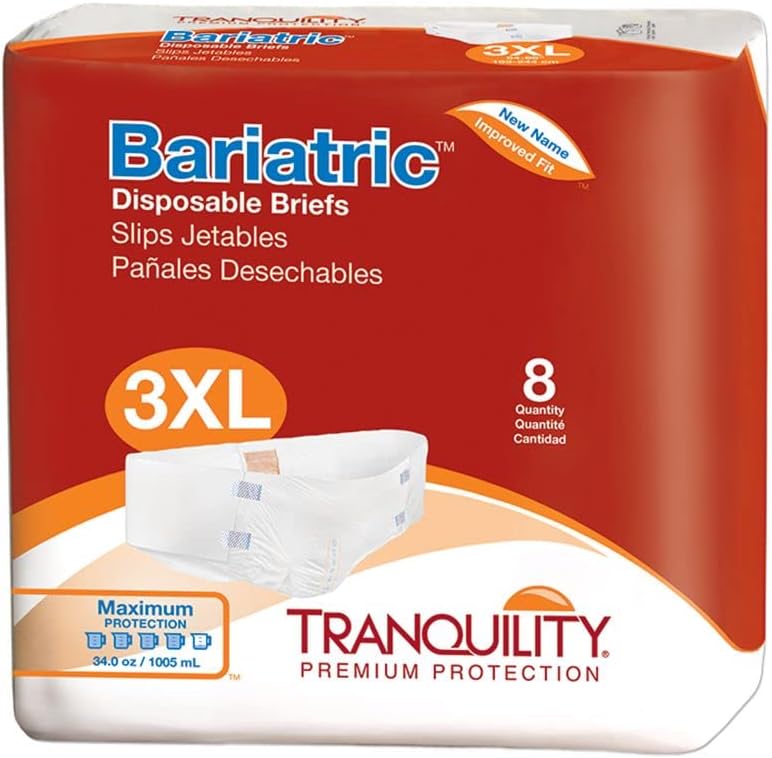 Tranquility Bariatric Disposable Briefs 3X-Large With Peach Mat Core For Dry Skin, Odor Control & Max Comfort, Secure Kufguard Technology, Latex-Free, 34Oz Capacity, 8Ct Bag