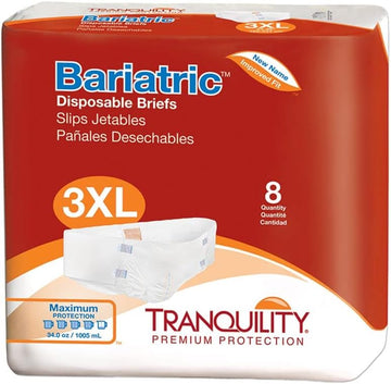 Tranquility Bariatric Disposable Briefs 3X-Large With Peach Mat Core For Dry Skin, Odor Control & Max Comfort, Secure Kufguard Technology, Latex-Free, 34Oz Capacity, 8Ct Bag