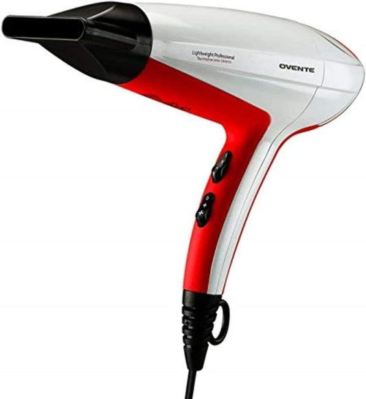 Ovente 1875 Watt Lightweight Hair Dryer, Ionic & Tourmaline Technology, Ideal for Body, Volume & Smoothing, Concentrator Nozzle Attachments for Home, Travel, or Professional Use, White & Red X2210W