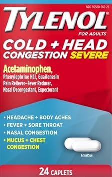 Tylenol Cold + Head Congestion Severe Medicine Caplets For Fever, Pain, And Congestion, Acetaminophen Pain Reliever, Fever Reducer, 24 Count