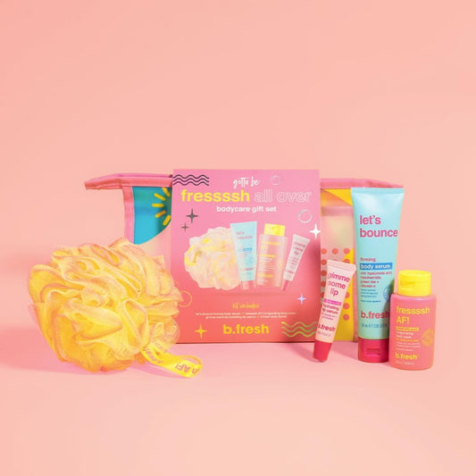 B.Fresh Bodycare Gift Set | Fressssh All Over - Self Care Kit Includes Travel Size Body Wash, Firming Body Serum, And Full Size Exfoliating Loofah With Hydrating Lip Serum