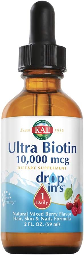 KAL Ultra Biotin 10000mcg DropIns, Liquid Biotin Drops, Hair Growth Supplement, High Potency Vitamin B7, Healthy Hair, Skin, Nails and Energy Support, Natural Mixed Berry Flavor, Approx. 59 Serv, 2oz