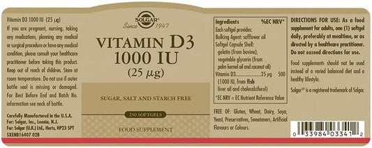 Solgar Vitamin D3 (Cholecalciferol) 25 Mcg (1000 Iu), 250 Softgels - Helps Maintain Healthy Bones & Teeth - Immune System Support - Non-Gmo, Gluten Free, Dairy Free - 250 Servings