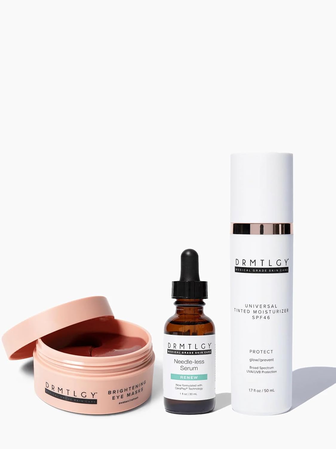 Drmtlgy Best Sellers Bundle: Brightening Eye Masks, Needle-Less Serum, & Anti-Aging Tinted Moisturizer With Spf 46