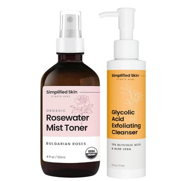 Simplified Skin Glycolic Acid Face Wash 6 Oz + Rose Water Spray 4 Oz – Gentle Facial Cleanser & Hydrating Mist – With Aloe Vera, Apricot, Ginger, Organic Rosewater – Alcohol-Free, Ph Balanced