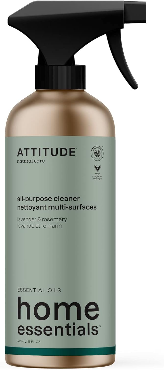 ATTITUDE Multi-Purpose Cleaner with Essential Oils, EWG Verified, Plant and Mineral-Based Ingredients, Vegan Household Products, Refillable Aluminum Bottle, Lavender and Rosemary, 16 Fl Oz