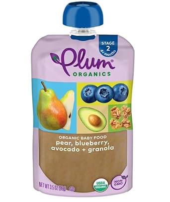 Plum Organics Stage 2 Organic Baby Food - Pear, Blueberry, Avocado, And Granola - 3.5 Oz Pouch (Pack Of 6) - Organic Fruit And Vegetable Baby Food Pouch