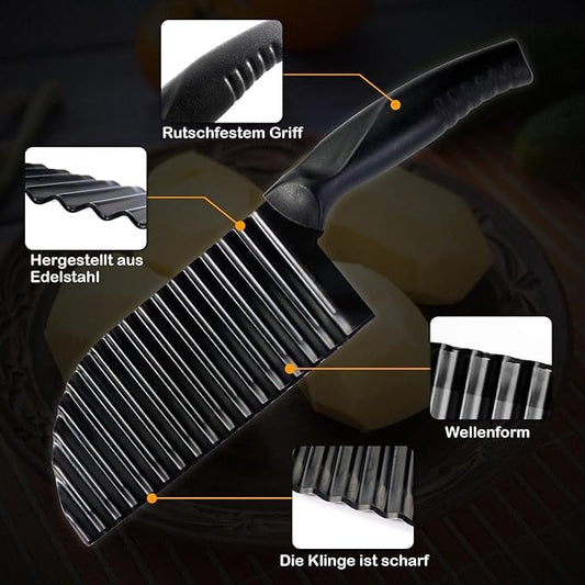 French Fry Potato Crinkle Cutter – Black Wavy Slicer, Stainless Steel Multi-Use Crinkle Cutter for Kitchen & Restaurant