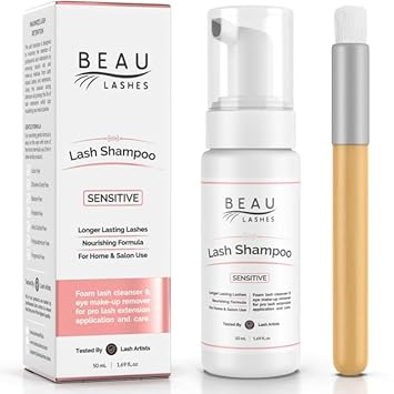 Eyelash Extension Foam Cleanser Shampoo & Brush (50Ml) - Oil Free Sensitive Paraben & Sulfate Free Eyelid/Lash Foaming Wash Cleaner To Remove Makeup & Mascara - Ideal For Salons And Home Care