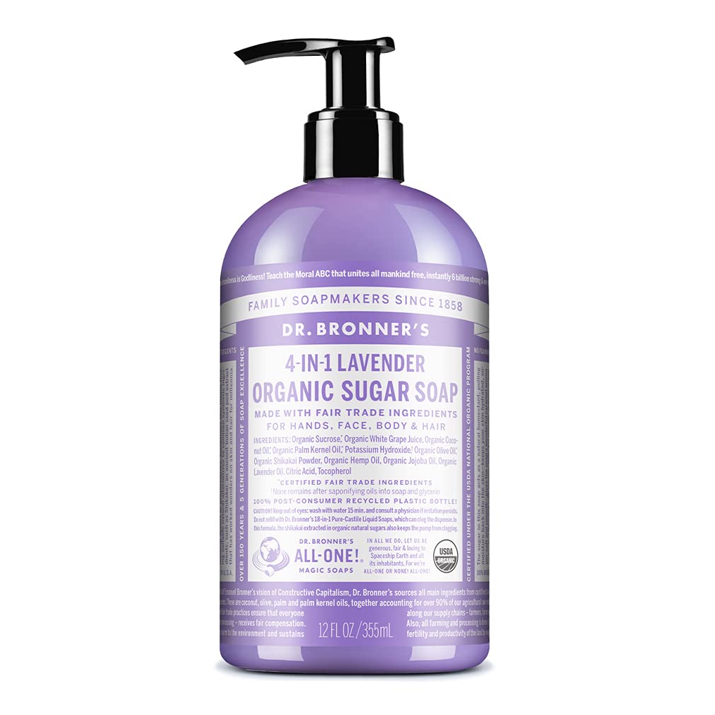 Dr. Bronner's - Organic Sugar Soap (Lavender, 12 Ounce) - Made with Organic Oils, Sugar and Shikakai Powder, 4-in-1 Uses: Hands, Body, Face and Hair, Cleanses, Moisturizes and Nourishes, Vegan