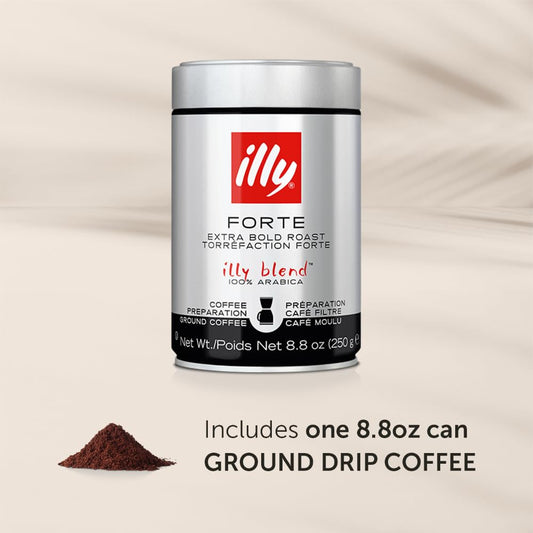 illy Drip Coffee - Ground Coffee - 100% Arabica Ground Coffee – Forte Extra Dark Roast - Notes of Dark Chocolate & Toasted Bread Aroma - No Preservatives – Rich & Strong – 8.8 Ounce
