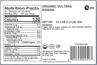 Yupik Organic Sultana Raisins, 2.2 Lb, Gluten-Free, Kosher, Non-Gmo, Vegan, Whole Dried Fruits, Naturally Sweet, No Added Sugar, Seedless, Healthy Snacks, Fruity Topping & Inclusion, Ideal For Baking