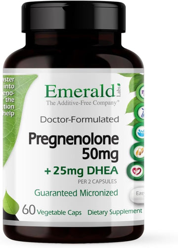 EMERALD LABS Pregnenolone 50mg with DHEA 25mg - Premium Wellness Supplement to Support Brain Health, Immune Response & Hormone Balance - Gluten-Free - 60 Vegetable Capsules (30-Day Supply)