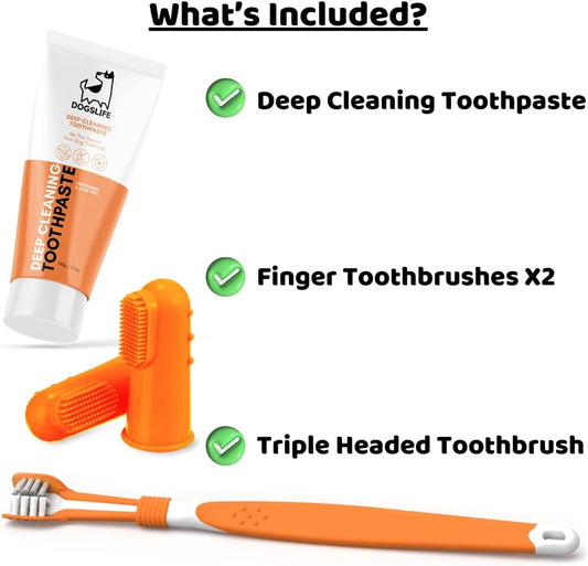 Dog Toothbrush with Toothpaste | Approved Dog Dental Kit | Triple Headed Deep Cleaning Toothbrush for Dogs + 100% Natural Toothpaste | Freshen Breathe & Remove Plaque from TeethDG16