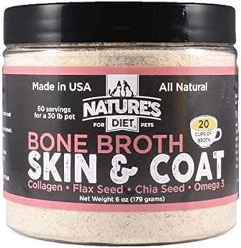 Nature's Diet Pet Bone Broth Protein Powder with Collagen, Chia Seed, Flax Seed & Omega 3 (Skin & Coat, 6 oz (60 Servings))