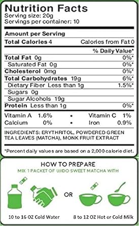 Ujido Matcha Green Tea Powder - Sweetened With Japanese Monk Fruit - Sugar Free (20G X 10 Packets)
