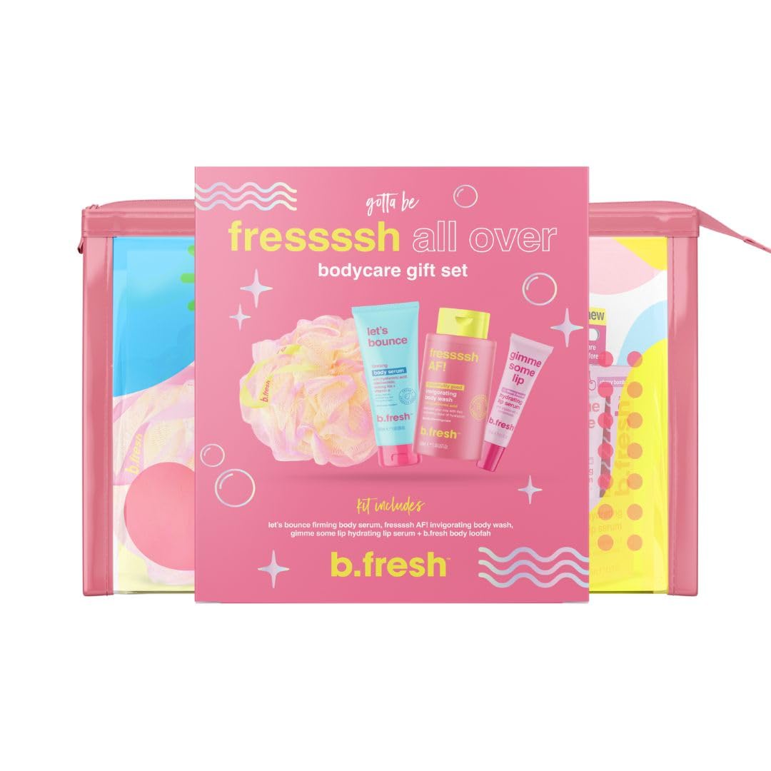 B.Fresh Bodycare Gift Set | Fressssh All Over - Self Care Kit Includes Travel Size Body Wash, Firming Body Serum, And Full Size Exfoliating Loofah With Hydrating Lip Serum