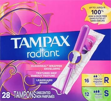 Tampax Radiant Tampons Multipack with Leakguard Braid, Regular/Super Absorbency, with Leakguard Braid, Unscented, 28 Count (Pack of 2)