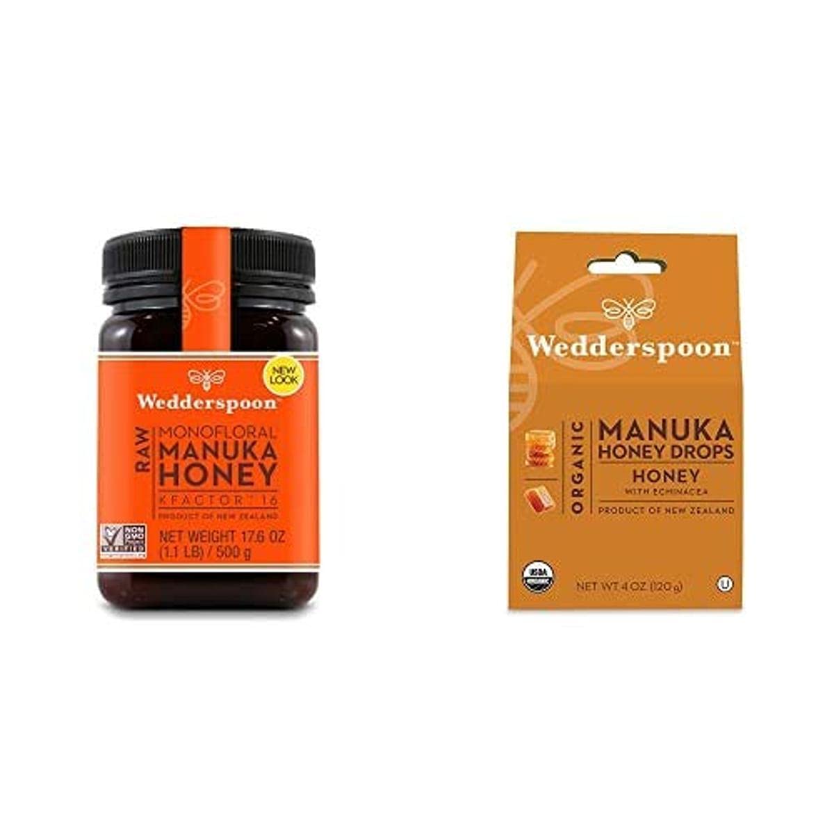 Wedderspoon Organic Manuka Honey Drops, Honey + Echinacea, Unpasteurized, Genuine New Zealand Honey, Perfect Remedy For Dry Throats, 4.0 Ounce