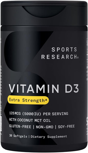 Sports Research Vitamin D3 5000 Iu With Coconut Mct Oil - High Potency Vitamin D Supplement For Immune & Bone Support - Non-Gmo Verified, Gluten & Soy Free – 125Mcg, 30 Liquid Softgels