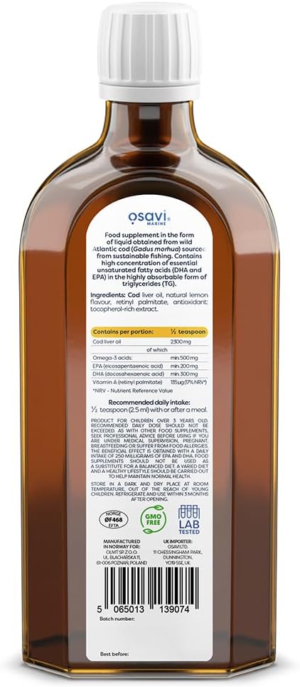 Osavi Norwegian Cod Liver Oil Kids – 250 Ml | 500 Mg Omega–3| Supports Brain Function, Vision, Heart Health, Immune System | Includes 135 µg Vitamin A | Lemon Flavour | Made In Norway