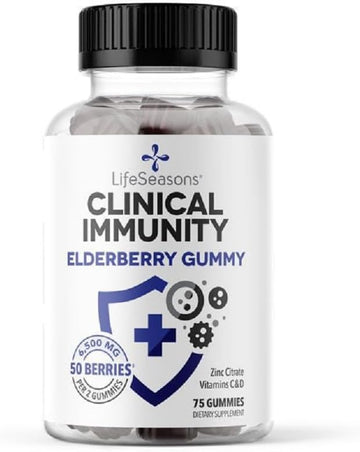 LifeSeasons Clinical Immunity - Elderberry Gummies - Supports a Healthy Immune System - 25 Elderberries Per Gummy - Maltodextrin-Free - Vitamin C, Vitamin D3, Zinc & Elderberry Extract - 75 Gummies