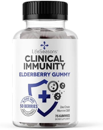 Lifeseasons Clinical Immunity - Elderberry Gummies - Supports A Healthy Immune System - 25 Elderberries Per Gummy - Maltodextrin-Free - Vitamin C, Vitamin D3, Zinc & Elderberry Extract - 75 Gummies