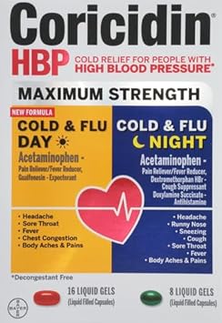 Coricidin Hbp, Decongestant-Free Cold Symptom Relief For People With High Blood Pressure, Maximum Strength Cold & Flu Day + Night Liquid Gels, 24 Count