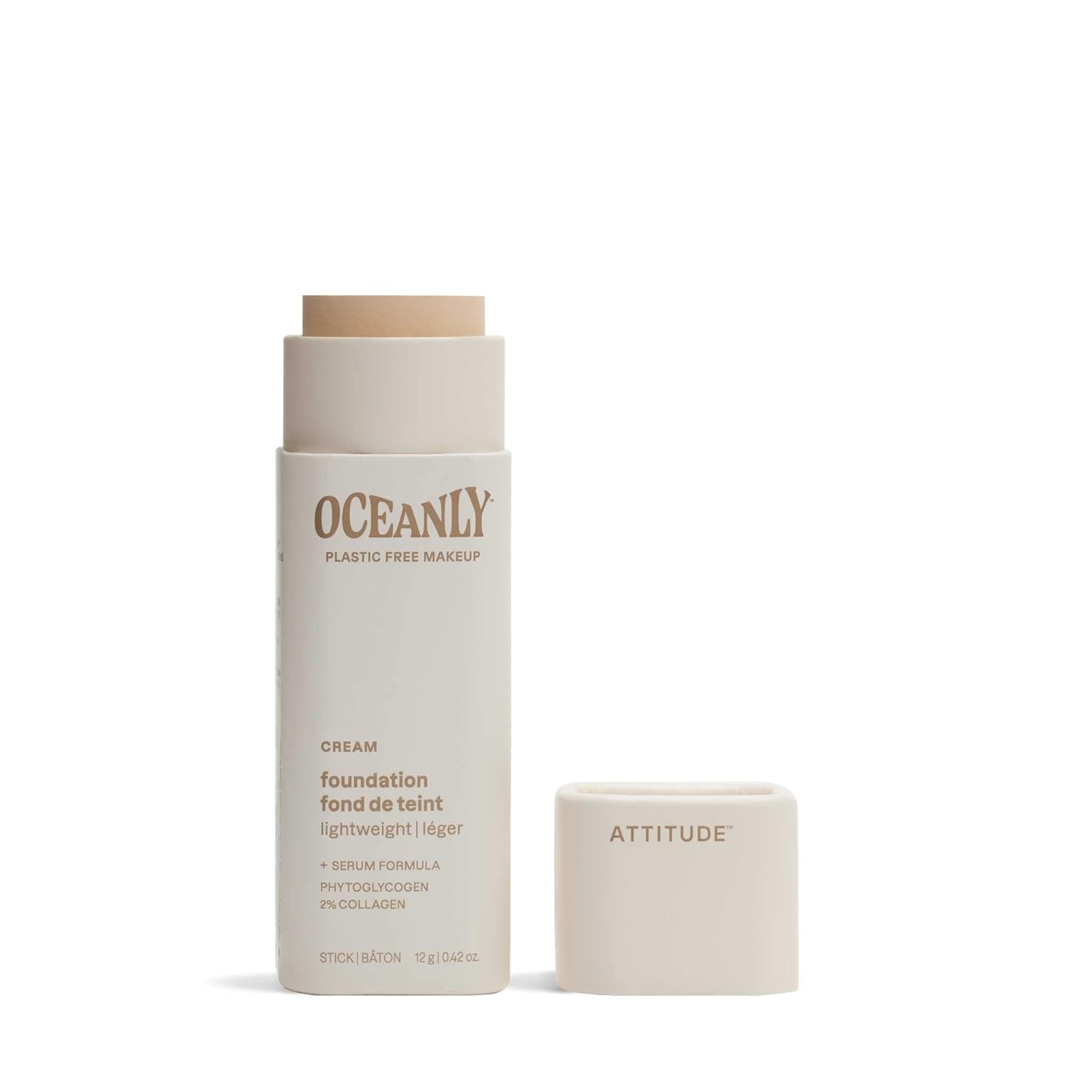 ATTITUDE Oceanly Light Coverage Foundation Stick, Titanium Dioxide-Free, EWG Verified, Plastic-Free, Vegan & Cruelty-free Makeup, Cream, 0.42 Ounces