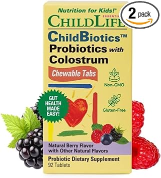 Childlife Essentials Probiotics With Colostrum - Kids Probiotic Chewables, Maintain Healthy Digestion And Immune Function, All-Natural, Gluten-Free - Mixed Berry Flavor, 90 Count (Pack Of 2)