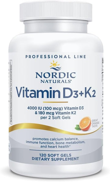 Nordic Naturals Professional Grade Vitamin D3+K2 Supplement, Orange Flavor - 60 Soft Gels - 4000 Iu Vitamin D3 & 180 Mcg K2- Promotes Calcium Balance & Immune Function - Non-Gmo - 30 Servings