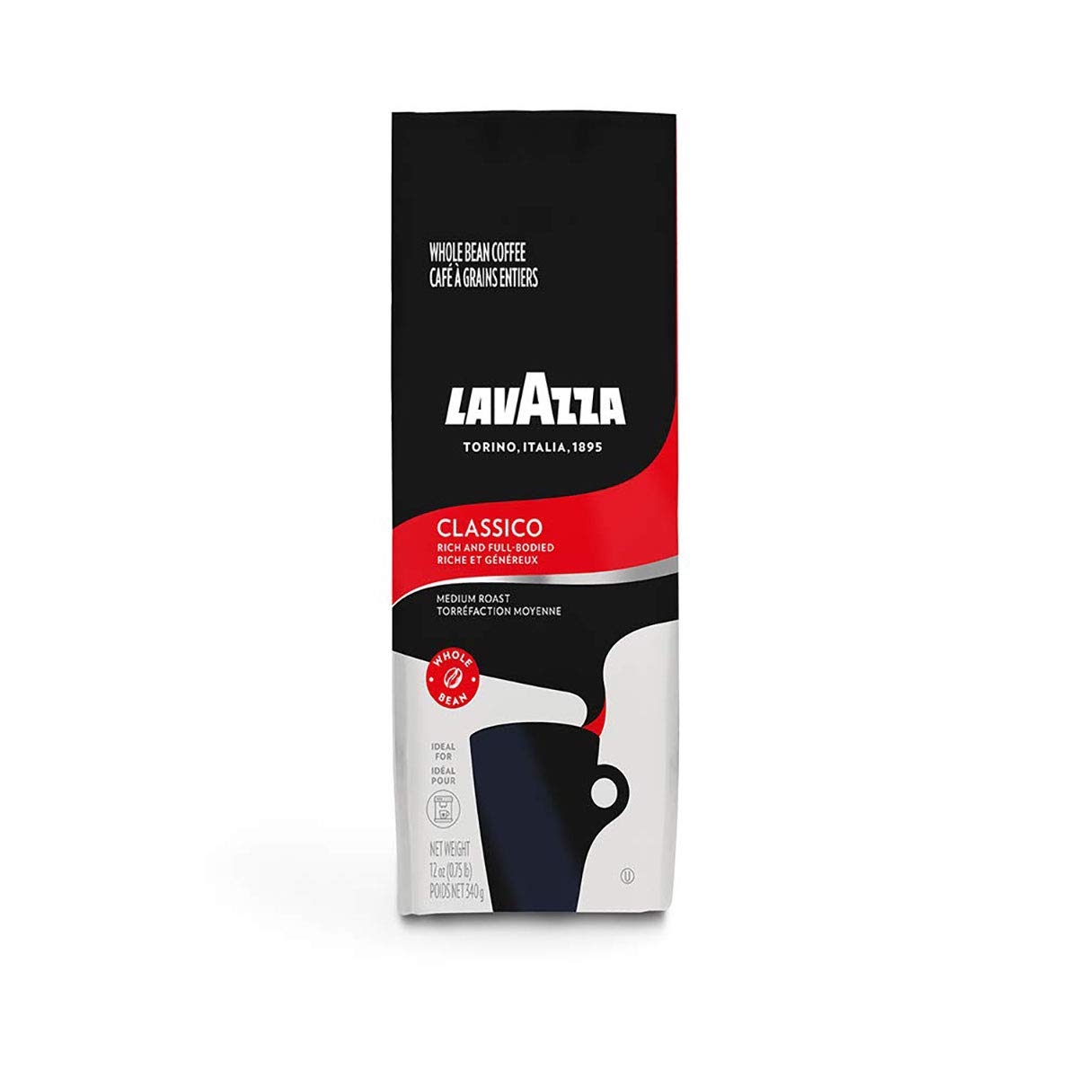 Lavazza Classico Whole Bean Coffee Blend Medium Roast 12oz, Classico, Full-bodied medium roast with rich flavor and notes of dried fruit