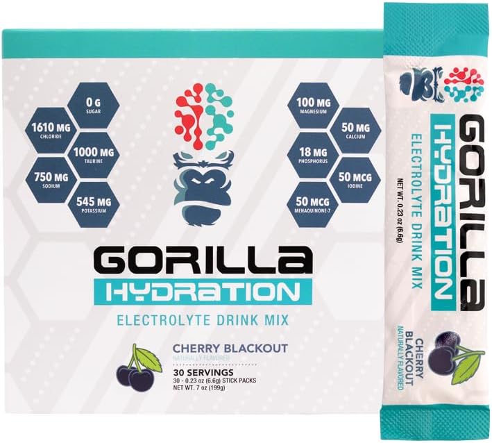 Gorilla Mind Hydration Packets - 3,073mg Electrolytes On The Go Convenient Drink Mix for Comprehensive Replenishment - Zero Sugar, Naturally Sweetened & Fasting Friendly - 30 Count (Cherry Blackout)