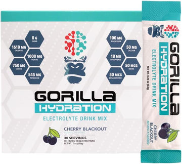 Gorilla Mind Hydration Packets - 3,073mg Electrolytes On The Go Convenient Drink Mix for Comprehensive Replenishment - Zero Sugar, Naturally Sweetened & Fasting Friendly - 30 Count (Cherry Blackout)